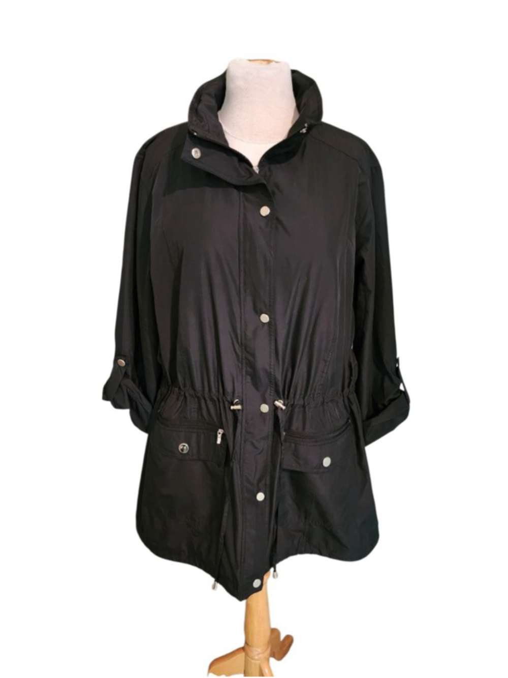 Style & Co Sport Black Hooded Rain Jacket Windbreaker Women's XL Snap Utility - Picture 2 of 10